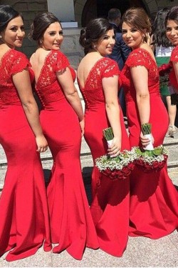 Mermaid V-Neck Lace Long Red Bridesmaid Dresses/Wedding Party Dresses BD010039