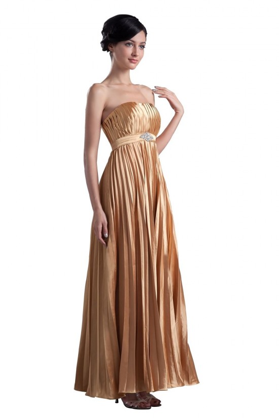 A-Line Strapless Beaded Pleated Gold Long Bridesmaid Dresses/Wedding Party Dresses BD010061