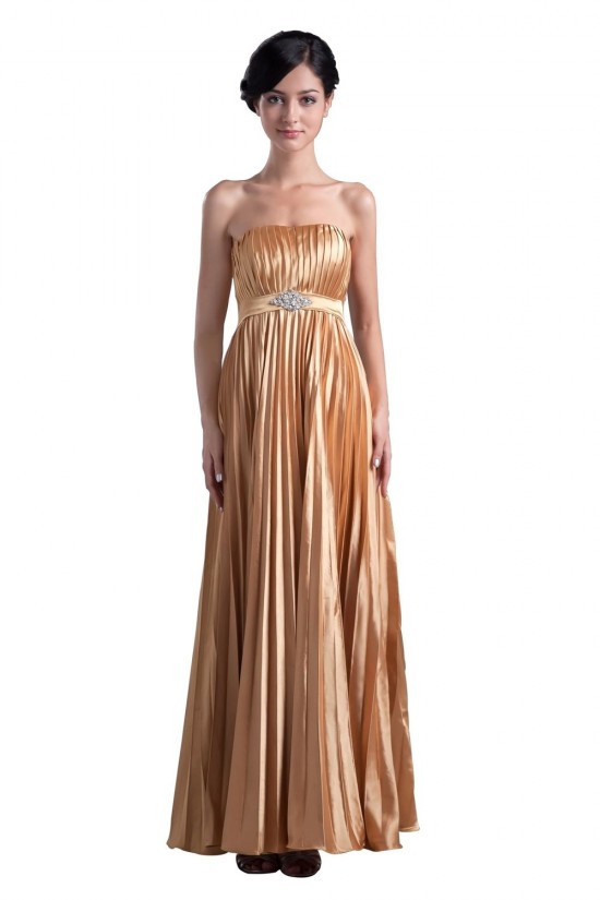 A-Line Strapless Beaded Pleated Gold Long Bridesmaid Dresses/Wedding Party Dresses BD010061