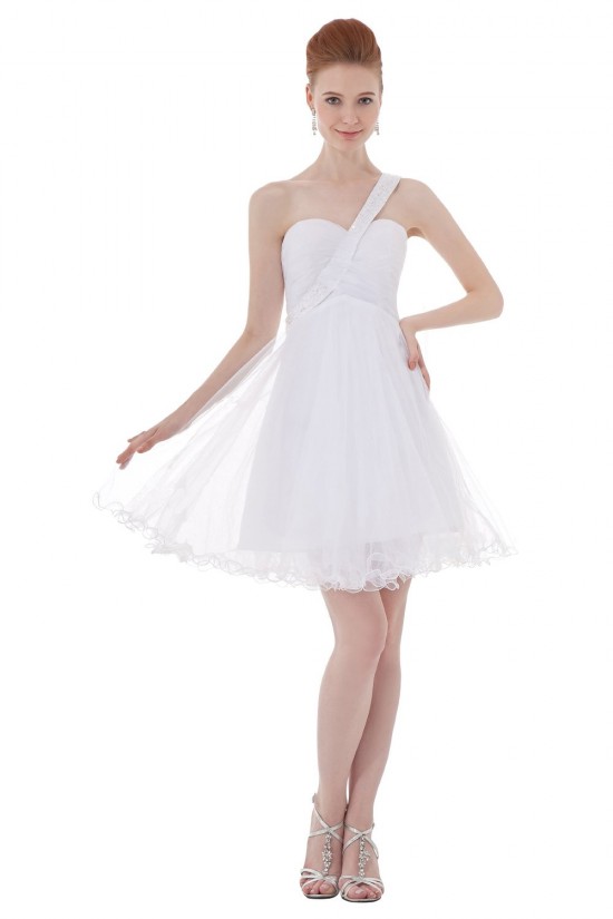A-Line One-Shoulder Beaded White Short Bridesmaid Dresses/Wedding Party Dresses BD010123