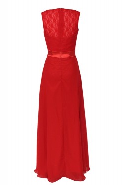 A-Line V-Neck Red Chiffon and Lace Back Long Bridesmaid Dresses/Wedding Party Dresses BD010195
