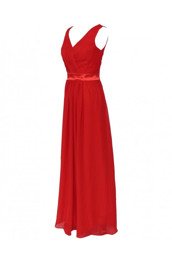 A-Line V-Neck Red Chiffon and Lace Back Long Bridesmaid Dresses/Wedding Party Dresses BD010195