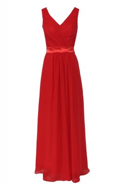 A-Line V-Neck Red Chiffon and Lace Back Long Bridesmaid Dresses/Wedding Party Dresses BD010195