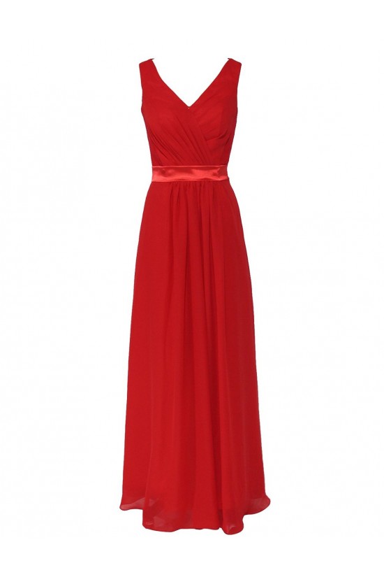 A-Line V-Neck Red Chiffon and Lace Back Long Bridesmaid Dresses/Wedding Party Dresses BD010195