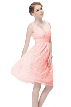 A-Line V-Neck Lace Knee-Length Pink Bridesmaid Dresses/Wedding Party Dresses BD010217