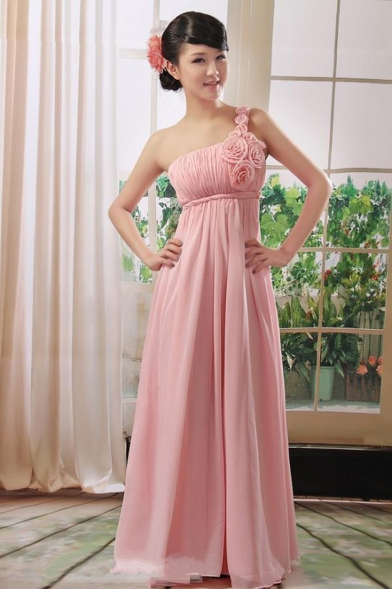 Empire One-Shoulder Long Pink Chiffon Bridesmaid Dresses/Evening Dresses/Maternity Dresses BD010306