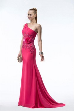 Sheath One-Shoulder Hot Pink Beaded Long Chiffon Bridesmaid Dresses/Evening Dresses BD010315