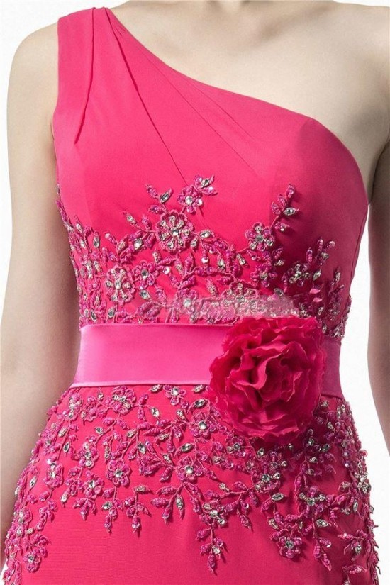 Sheath One-Shoulder Hot Pink Beaded Long Chiffon Bridesmaid Dresses/Evening Dresses BD010315