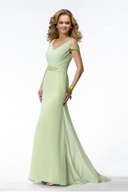 Sheath V-Neck Green Beaded Long Chiffon Bridesmaid Dresses/Evening Dresses BD010317