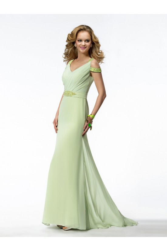 Sheath V-Neck Green Beaded Long Chiffon Bridesmaid Dresses/Evening Dresses BD010317