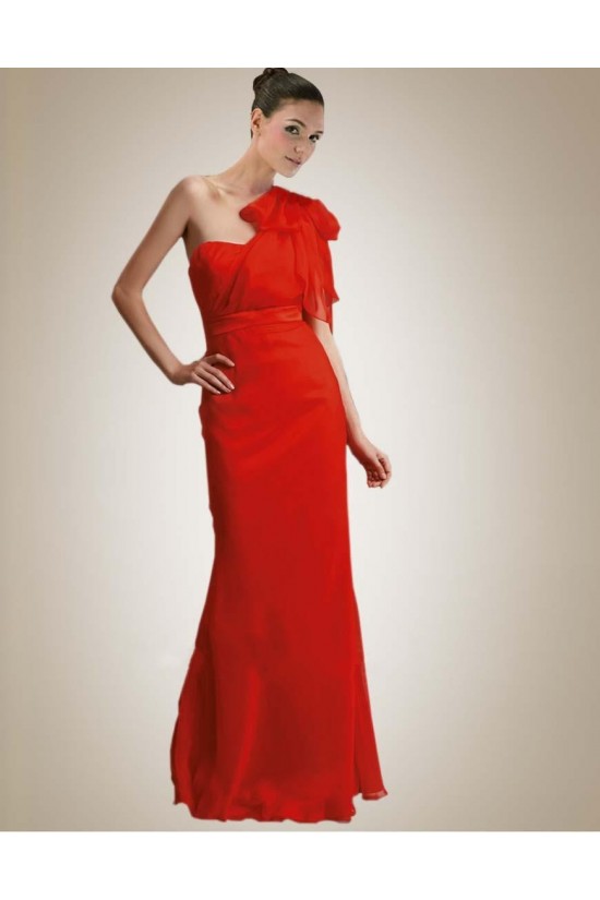 One-Shoulder Long Red Chiffon Bridesmaid Dresses/Wedding Party Dresses BD010382