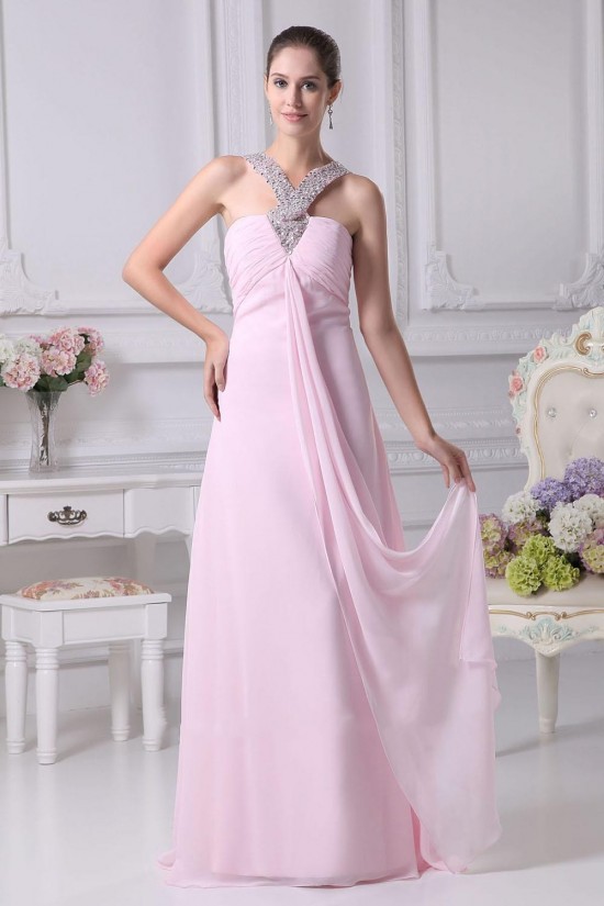 A-Line Empire Beaded Floor-Length Pink Chiffon Bridesmaid Dresses/Wedding Party Dresses/Maternity Dresses BD010426