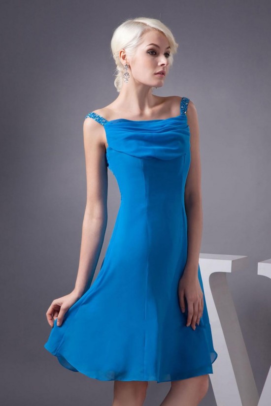 A-Line Beaded Spaghetti Strap Short Blue Chiffon Bridesmaid Dresses/Wedding Party Dresses BD010451
