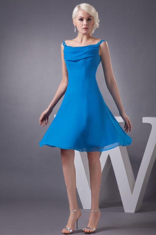 A-Line Beaded Spaghetti Strap Short Blue Chiffon Bridesmaid Dresses/Wedding Party Dresses BD010451