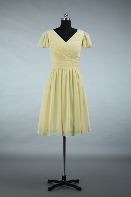 A-Line Short Sleeve V-Neck Yellow Chiffon Bridesmaid Dresses/Evening Dresses BD010511