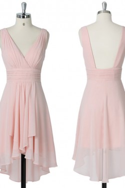 High Low V-Neck Short Pink Chiffon Bridesmaid Dresses/Evening Dresses BD010516