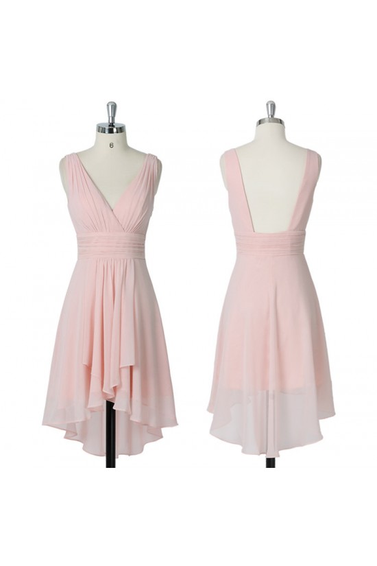 High Low V-Neck Short Pink Chiffon Bridesmaid Dresses/Evening Dresses BD010516