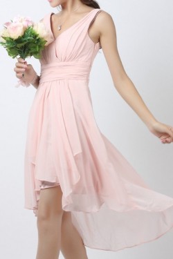 High Low V-Neck Short Pink Chiffon Bridesmaid Dresses/Evening Dresses BD010516