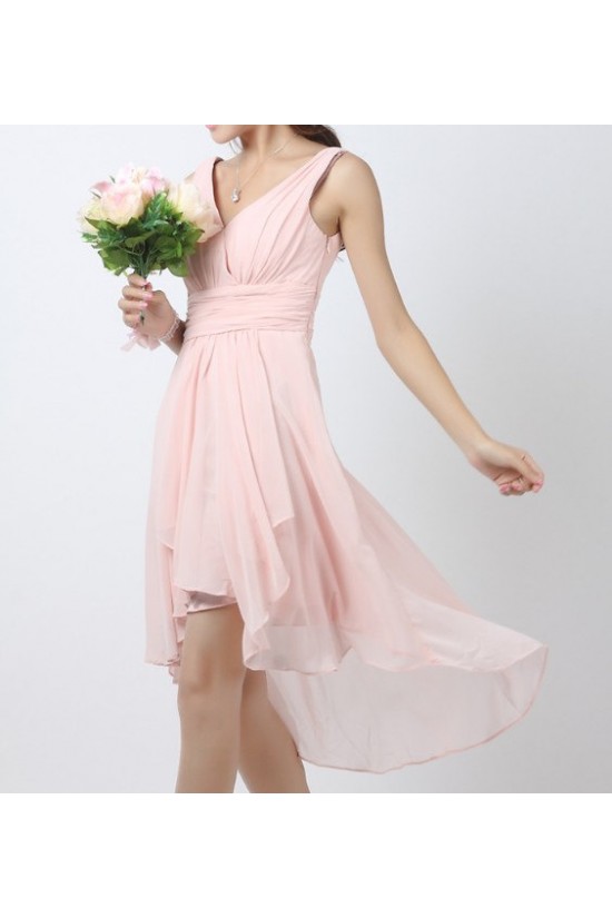 High Low V-Neck Short Pink Chiffon Bridesmaid Dresses/Evening Dresses BD010516