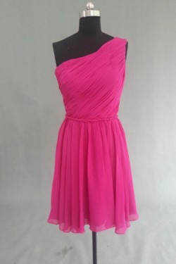A-Line One-Shoulder Hot Pink Short Chiffon Bridesmaid Dresses/Evening Dresses BD010530