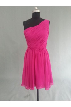 A-Line One-Shoulder Hot Pink Short Chiffon Bridesmaid Dresses/Evening Dresses BD010530