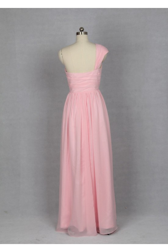 A-Line One-Shoulder Long Pink Chiffon Bridesmaid Dresses/Evening Dresses BD010532