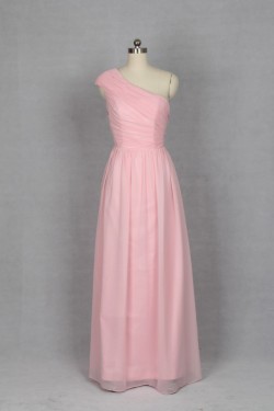 A-Line One-Shoulder Long Pink Chiffon Bridesmaid Dresses/Evening Dresses BD010532