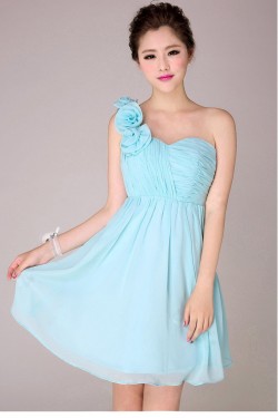 A-Line One-Shoulder Short Blue Chiffon Bridesmaid Dresses/Evening Dresses BD010565
