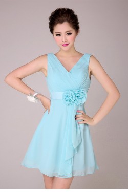 A-Line V-Neck Short Blue Chiffon Bridesmaid Dresses/Evening Dresses BD010568