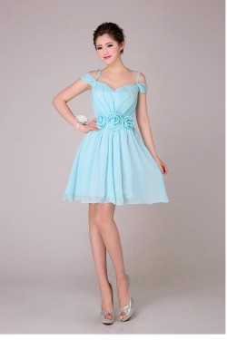 A-Line Off-The-Shoulder Short Blue Chiffon Bridesmaid Dresses/Evening Dresses BD010570