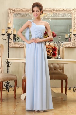 A-Line One-Shoulder Beaded Long Blue Chiffon Bridesmaid Dresses/Evening Dresses BD010581