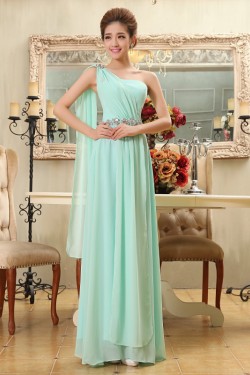 A-Line One-Shoulder Beaded Long Green Chiffon Bridesmaid Dresses/Evening Dresses BD010582