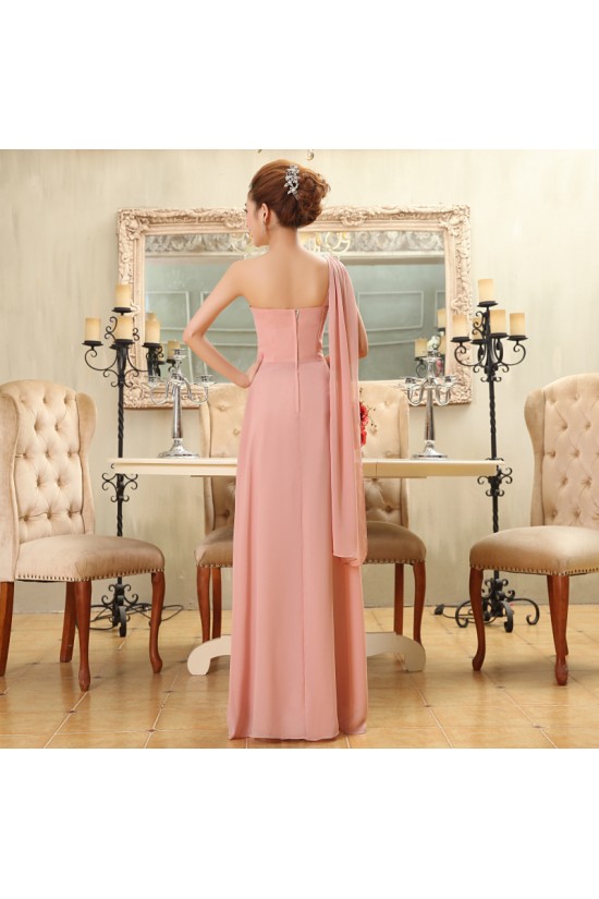 A-Line One-Shoulder Beaded Long Pink Chiffon Bridesmaid Dresses/Evening Dresses BD010585 A-Line One-Shoulder Beaded Long Pink Chiffon Bridesmaid Dresses/Evening Dresses BD010585