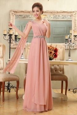 A-Line One-Shoulder Beaded Long Pink Chiffon Bridesmaid Dresses/Evening Dresses BD010585