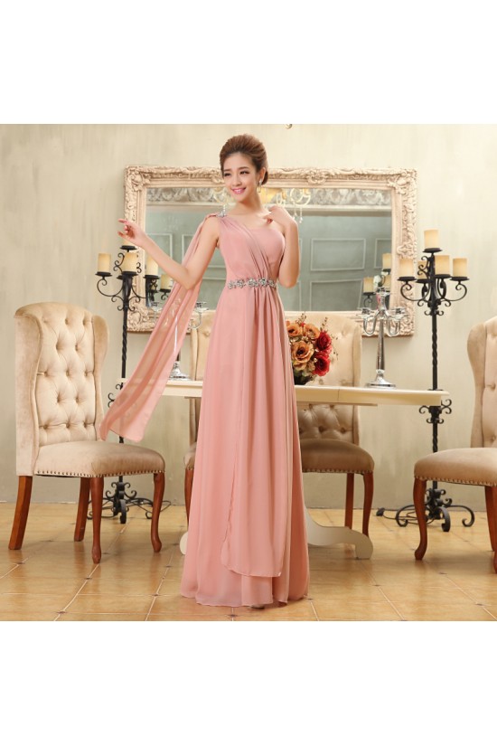 A-Line One-Shoulder Beaded Long Pink Chiffon Bridesmaid Dresses/Evening Dresses BD010585 A-Line One-Shoulder Beaded Long Pink Chiffon Bridesmaid Dresses/Evening Dresses BD010585