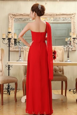A-Line One-Shoulder Beaded Long Red Chiffon Bridesmaid Dresses/Evening Dresses BD010586
