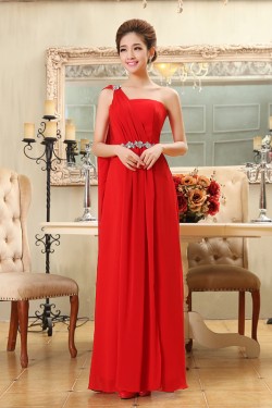 A-Line One-Shoulder Beaded Long Red Chiffon Bridesmaid Dresses/Evening Dresses BD010586