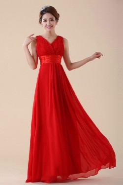 A-Line V-Neck Long Red Chiffon Bridesmaid Dresses/Evening Dresses BD010588