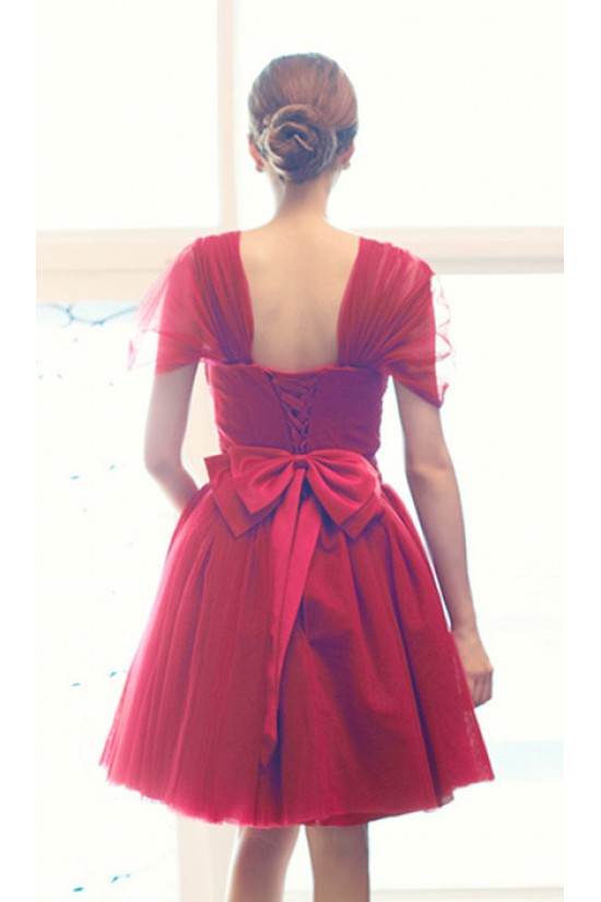 Short Cap-Sleeve Tulle Bridesmaid Dresses/Evening Dresses BD010589