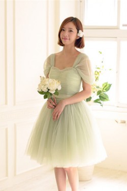 Short Cap-Sleeve Tulle Green Bridesmaid Dresses/Evening Dresses BD010590