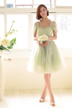 Short Cap-Sleeve Tulle Green Bridesmaid Dresses/Evening Dresses BD010590