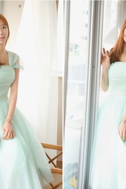 Short Cap-Sleeve Tulle Blue Bridesmaid Dresses/Evening Dresses BD010592