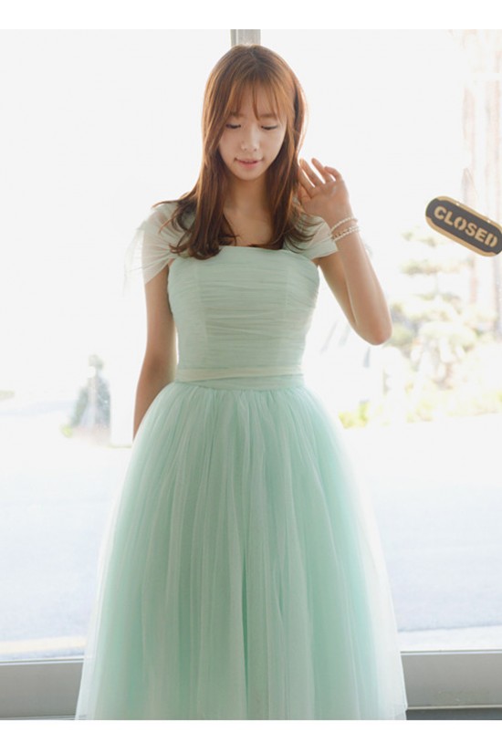 Short Cap-Sleeve Tulle Blue Bridesmaid Dresses/Evening Dresses BD010592