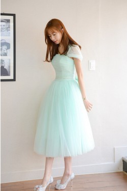 Short Cap-Sleeve Tulle Blue Bridesmaid Dresses/Evening Dresses BD010592