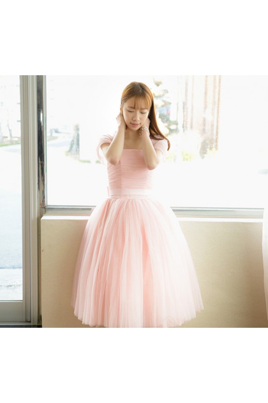 Short Cap-Sleeve Tulle Pink Bridesmaid Dresses/Evening Dresses BD010593