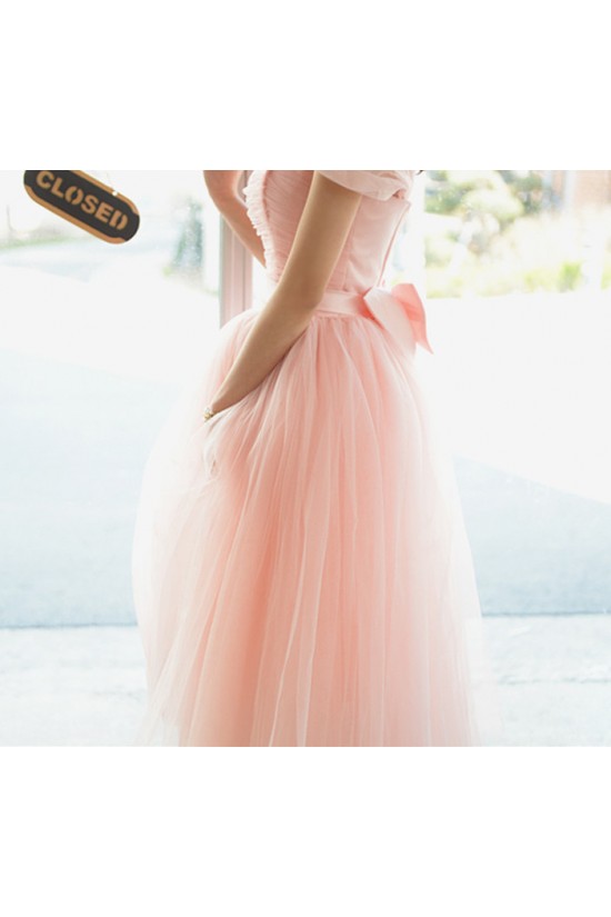 Short Cap-Sleeve Tulle Pink Bridesmaid Dresses/Evening Dresses BD010593