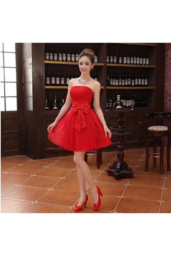 A-Line Strapless Short Red Tulle and Lace Bridesmaid Dresses/Evening Dresses BD010604