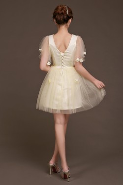 A-Line Short Sleeve V-Neck Tulle Bridesmaid Dresses/Evening Dresses BD010616