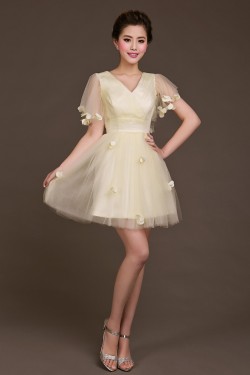 A-Line Short Sleeve V-Neck Tulle Bridesmaid Dresses/Evening Dresses BD010616