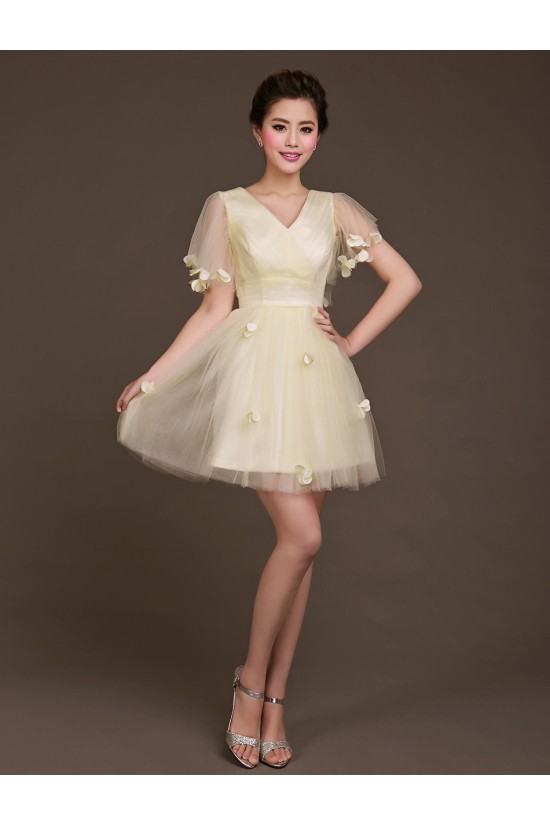 A-Line Short Sleeve V-Neck Tulle Bridesmaid Dresses/Evening Dresses BD010616
